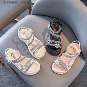 Sandalen Kinder Prinzessin Schuhe Babyschuhe funkelnde Strass Sandalen modische Perle weiche Sohlen Kinder Tanzpartys funkelnde Strandsandalen Q240328