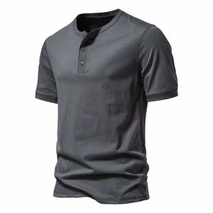 Yaz T-Shirt Erkekler% 100 Cott Henley Yakası Düz ​​Renk Kısa Kol Tişörtlü Erkekler Günlük Tops Tees Yüksek Kalite Külot Üst K3L9#