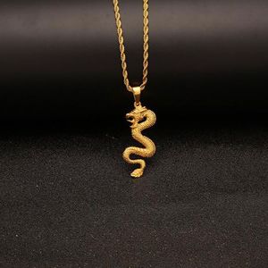 18K Gold Plated Gold Dragon Pendant Necklace Mens Charm with 24inch Cuban Link Chain Hip Hop Jewelry264O