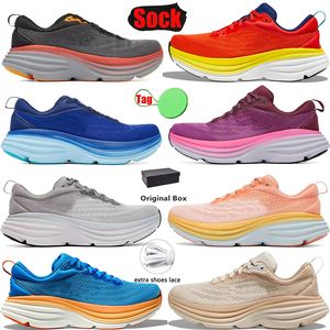 Hokasss Clifton 8 Running Shoe Sapatos Mulheres Bondi 8 Clifton 9 Triplo Branco Canção de Verão Azul Coral Pêssego Real Teal Lunar Rock Sports Mens Trainer Sapatilhas com Caixa 13