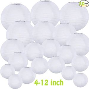 Lanterna de papel chinesa de 4-12 polegadas, 30 pacotes, branco/dourado, lanternas de casamento, elegante bola branca, abajur pendurado, decoração de festa 240323