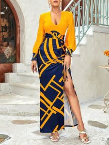 Sukienki zwykłe geometryczne nadruk Plunge High Slit Dripstring Maxi sukienka