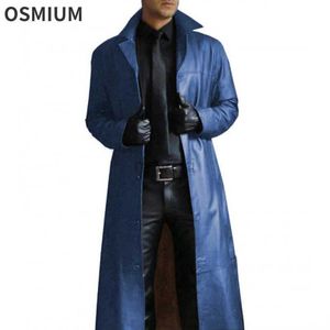 Men's Leather Faux Leather Mens Retro Wine Red Brown Blue Button Outerwear Windbreaker Men Slim Long PU Jacket Oversize Faux Leather Coat Plus Size S-5XL 240330