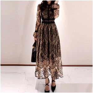 Vestidos casuais básicos vestido primavera elegante y mulheres vintage renda manga longa oneck robe femme ol cintura alta magro festa entrega gota otyl7