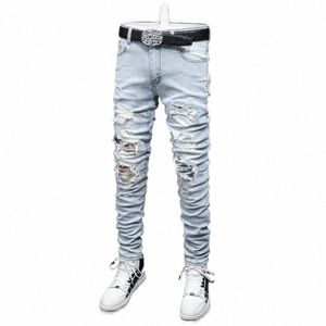 high Street Fi Men Jeans Retro Light Blue Elastic Stretch Skinny Fit Ripped Jeans Men Patched Designer Hip Hop Brand Pants k1bp#