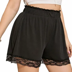 plus Size Lace Trim Elegant Summer Ribbed Shorts Women Elastic Paperbag Waist Black Casual Shorts Large Size Work Shorts 6XL 7XL I6Rt#