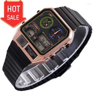 Armbanduhren HUmpbuck Top Luxus Edelstahlarmband Countdown Sportuhren Herren 3bar wasserdichte Hintergrundbeleuchtung Digitale Armbanduhr