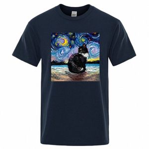 猫の星空のユニバース面白いTシャツの男性カジュアル通気性のある夏のTシャツ特大のルースTシャツブランドコット衣類男J3mi＃