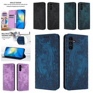 S24 Elephant Flower Leather Cases For Samsung S23 Plus FE S22 Ultra A15 A35 A55 A05S A34 A54 A14 Suck Wallet Imprint Credit ID Card Slot Holder Flip Cover Pouch With Strap