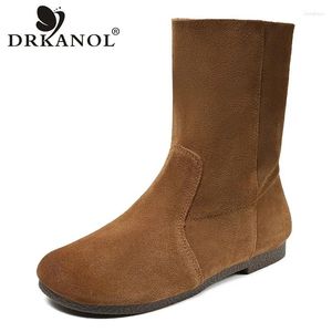 Boots Drkanol Fashion Autumn Women Mid-Calf Högkvalitativ COE SUED LEATHER SLIP-ON LAPLE HEAL CASIAL LADER HANDMADE RETRO