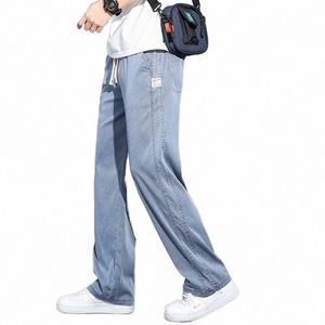 Летние мужские джинсы из мягкой лиоцелловой ткани, тонкие свободные прямые брюки, корейские повседневные брюки с эластичной резинкой на талии, большие размеры a6QK #