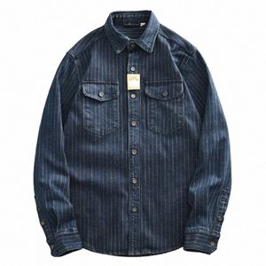 thick Heavyweight Retro Casual Wear Men's Shirt Coat Wed Denim Cargo Jeans Oversized Tops Vertical Stripped Lg Sleeve Male U7pC#