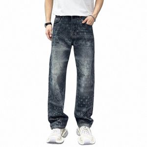 Paisley-Grafik bedruckte Jeans für Männer Streetwear Wide Leg Hosen Cooles Design Jungen Denim Bottoms F8Zm #