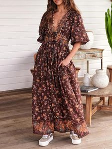 Casual Dresses Women Boho Long Dress Puff Sleeve Smocked Flowy Maxi Floral Printed Swing Beach Sundress Summer Vacation