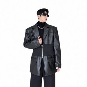 autumn Knitted Waistband Splice Leather Zipper Padded Shoulder Suit Blazers for Men and Women Streetwear Blazer Jacket Coat w1mE#