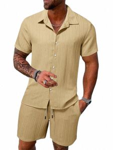 men's shirt suit cott and linen solid color striped short-sleeved casual shirt oversized beach shorts summer street wear H8Fm#