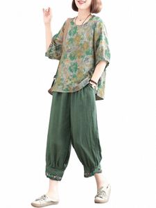 2 Piece Sets Women Summer Casual Pants Suits New Arrival 2023 Vintage Style Loose Female Print Tops And Ankle-length Pants B2605 G6Kd#