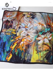 Scarves Birdtree Real Silk Women Elegant Oil Painting Scarf 2024 Spring Fashion Basic Mom Gift Floral Kerchief A41421QC