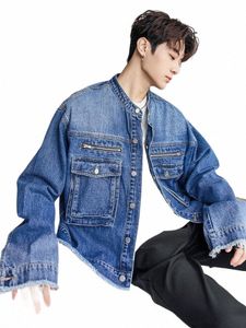 koreansk chic kort denimjacka män vintage multi-pocket streetwear hip hop bombare hösten män jacka casual lös lg ärm z1wp#