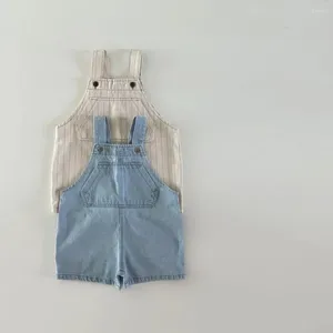 Shorts 2024 Sommer Herbst Baby Denim Overalls Infant Jungen Solide Tasche Hosenträger Hose Mädchen Overall Kinder Baumwolle Casual Gestreiften