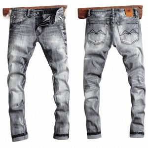 Fi Streetwear Men Jeans Retro Gray Elastic Slim Fit Ripped Dżinsy Mężczyzny Spodnie Vintage Designer Casual Denim Pants Hombre n8ol#