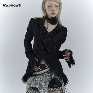 Karrcat Gothic Black Lace Shird Dark Aesthetic Relurly Blouses Yamamoto Style Grunge Flare Sleeve V-Neck Shirt Vintage Y2K Emo 240328