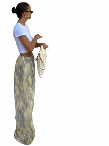 Trafza Woman fi vintage drukowane spodnie Summer kobieta krawat patchwork Patchwork High Tail Towery Elastyczne talia Szerokie nogi spodnie N5BX#