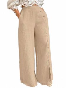 2023 Autumn Fi Women's Wide Leg Pants Large Size Loose Cott Hemp Split High Waist Cott Hemp Sports Women's Pants G4XA#