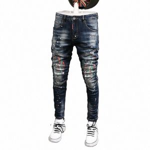 fi streetwear män jeans retro mörkblå elastisk smal fit rippad cyklist jeans homme målad designer hip hop denim byxor män r2vl#