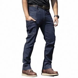 Elasticitetslast jeans män vattentät slitsträckt taktiska byxor män avslappnade multi-fakter fasta färg joggar mens byxor k7vu#