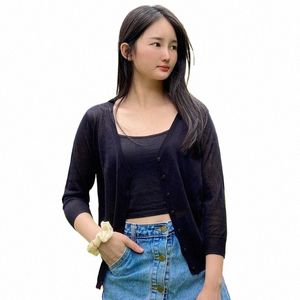 Летний кардиган женский черный свитер вязаный крючком топ кардиганы женские укороченные тонкие свитера базовый корейский стиль Fi женская одежда P7wZ #