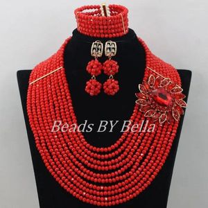 Collana orecchini set moda rosso nigeriano perline collane di cristallo braccialetto gioielli da sposa africani ABF374