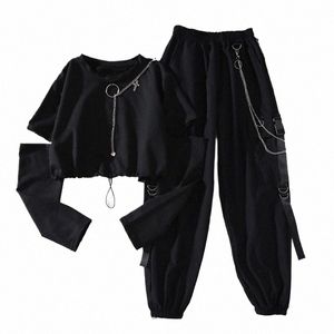 Primavera outono mulheres harajuku calças de carga bonito legal terno de duas peças corrente manga lg + calças ribb c0xL #