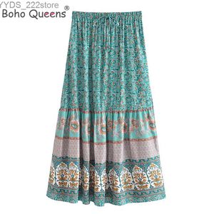 Saias Skorts Boho Queens Hippie Mulheres Floral Pavão Impresso Cintura Alta Elástica Praia Boêmia Saia Senhoras Maxi A-Line yq240328