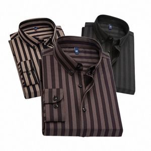 Schwarz gestreiftes Lg-Hülsenhemd Herren Einreiherhemden mit quadratischem Kragen Gelbbraun Camisas Para Hombre M-5XL l94R #