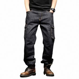 idopy Multi-pocket Cargo Men's Jeans Loose Straight Large Size 29-46 Military Army Denim Pants Trousers V0NG#