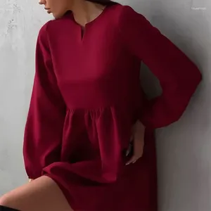 Casual Dresses Simple Solid O-neck Long Sleeved Dress 2024 Spring Loose Pleated Mini Women's High Waisted Party Vestidos