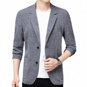 Männer Cott Leinen Casual Blazer 2024 Frühling Sommer Kein Futter Kerb Revers Herren Anzug Jacke Leichte dünne Mantel Grau / Schwarz s6QG #