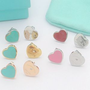 Luxury Brand Stud T-letter Peach Heart Single Diamond Pink Green Oil Dropping Earrings Stainless Steel Jewelry Without Box