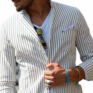 slim Fit Suit Jacket Elegant Men's Striped Print Busin with Lapel Pockets Formal Suit Coat for Work or Special for Comfort 78IK#