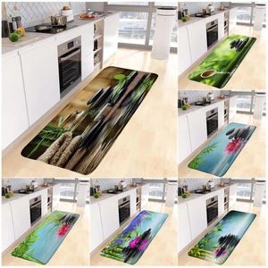 Tapetes de banho Zen Cozinha Tapete Verde Bambu Orquídea Lótus Preto Pedra Spa Natureza Cenário Decoração de Casa Tapete Longo Anti Slip Tapetes