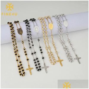 Hänge halsband fina4U rostfritt stål radband vita svarta pärlor halsband katolska med metall jungfru mary Jesus Crucifix drop licive otpun