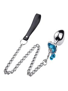 Leash Chain Anal Plug com Sino Adulto Jogos BDSM Aço Inoxidável Cristal Coração Anal Sex Butt Plug Estimulador Sex Toys Para Wome X043310665