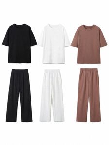 Traf 2024 Kvinnors solida Basic T-skjortor Lossa Casual Set Fible Stretch High midja Kvinnliga byxor 2-stycken Spring Suits Q8OW#