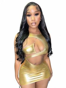 Hollow Out Bodyc Dr for Women Y2K服o-Neck One-Pieces Sexi Night Dr Hot Club Outfit Metallic Mini Vestido de Mujer e9lv＃