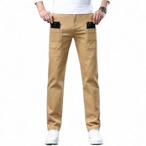 Four Seas Herren-Design-Tasche, elastische Denim-Jeans, vielseitig, langlebig, gerade, schlanke Hose, große Größe S1bK #
