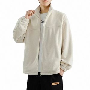 2023 Autumn New Men's Fleece Sweater Granular Fleece Jacket Cardigan Stand Neck Jacket Solid Casual Top C69J#