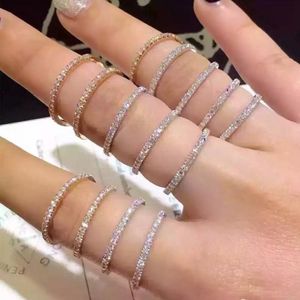 Genuino oro bianco 18 carati pavimenta il diamante simulato anello a fascia gioielli da sposa semplici anelli rotondi sottili per le donne regalo Cluster228h