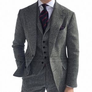 Herringbe kostym män 3 stycken formell busin tweed tuxedo för män skräddarsydda retro bröllopsmän kostym jacka västbyxor set d0pn#