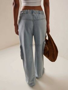 جينز النساء سراويل جينز سروال جينز زرقاء زرقاء جينز عريض الساق مع جيوب متعددة 24328